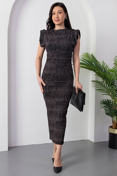 PULLIMM Stand Collar Drawstring Dress with Shoulder Button Detail Ny4500