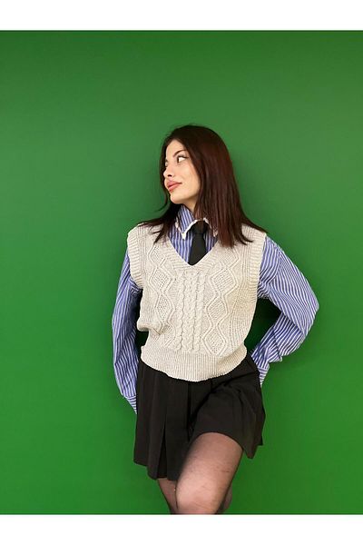 moda mh Knitted Detail V-Neck Knitting Sweaters S-M-L Size Options Available