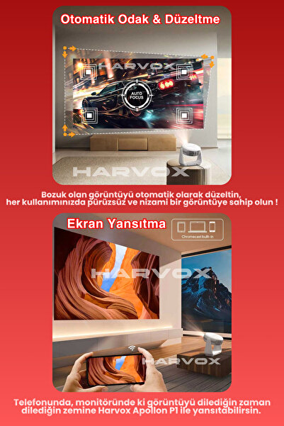 HARVOX Apollon P1 Bataryalı Projeksiyon Cihazı Taşınabilir 4K Destekli 1080P Android Sistemli Projektör