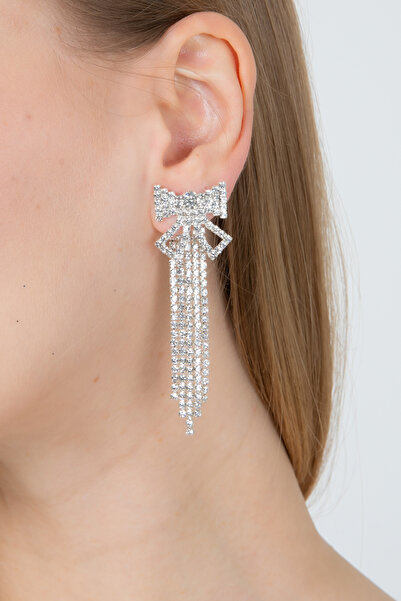 Furtek Aksesuar Kadın Papyon Fiyonk Model Sallantılı Zirkon Taşlı Küpe Trend Zarif Düğün Nişan Parıltılı