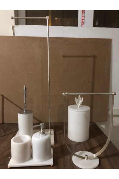 Hynmermer Beyaz mermer 3 lü set + çöp kovası + wc fırçalık ve peçetelik+ U ha...