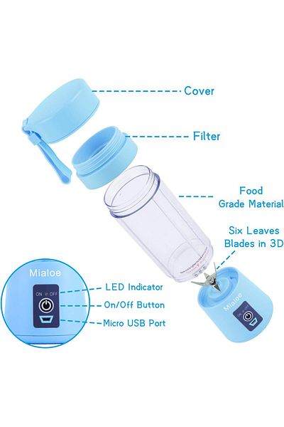AWH Portable 6-Blade 3D Juicer Cup, Rechargeable Blender with Magnetic Switch, 380ml (Blue).