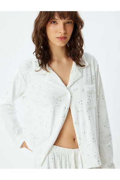 Koton Μπλουζάκι πιτζάμα Fleece - με κουμπιά, γιακάς πουκάμισου, αστέρια λάμψης και στάμπα φεγγαριού