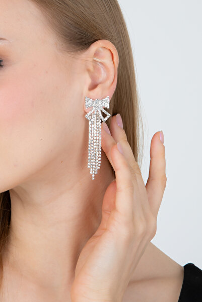 Furtek Aksesuar Kadın Papyon Fiyonk Model Sallantılı Zirkon Taşlı Küpe Trend Zarif Düğün Nişan Parıltılı