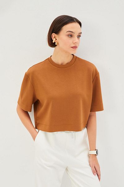 Allyco Πλεκτό μπλουζάκι Camel Crew Neck Crop Άνετο Πλεκτό Μπλουζάκι