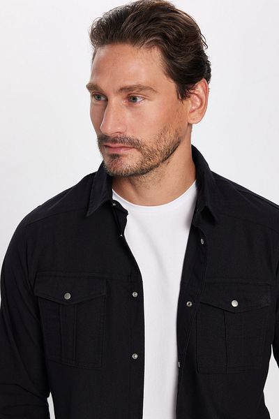 Tudors Спортни дънки Dobby Denim с два джоба и дълги ръкави с дълги ръкави, черна мъжка риза