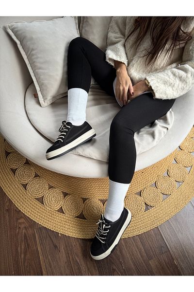 İnan Ayakkabı Black High-Top Linen Sneakers - Lace-Up Sports Shoes (4 cm Sole)