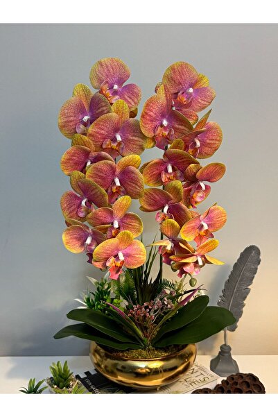 MY LOVE ÇİÇEKÇİLİK Bohemian Pastel Color Artificial Orchid in Gold Metal Pot