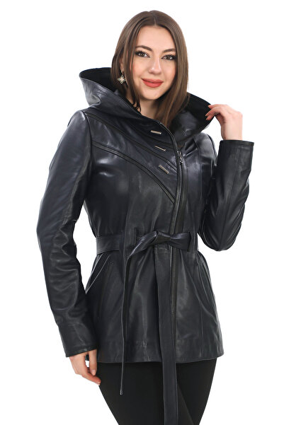 NEWZAYA Kadın Kapşonu Deri Ceket