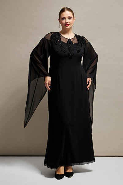 İnce Yaka işleme detaylı Uzun Büyük Beden Abiye Şifon Elbise