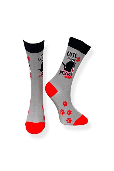 Mevo Tekli Unisex Kedi Desenli Gri Renkli Esnek Nem Alabilen Pamuklu Çorap
