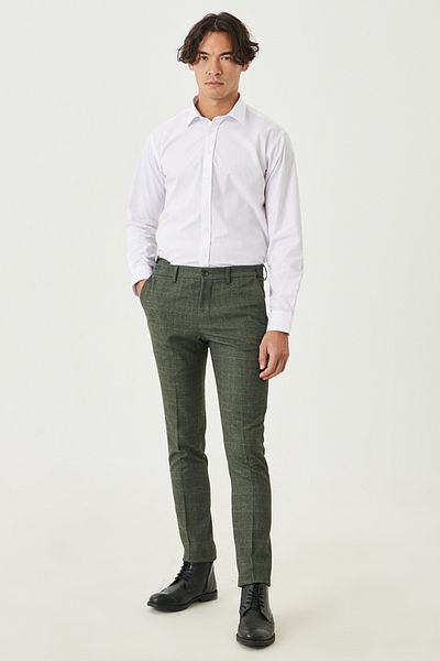 WKM Men's Summer Khaki Color Slim Fit Cut Lycra Ankle Length Plaid Fabric Trousers