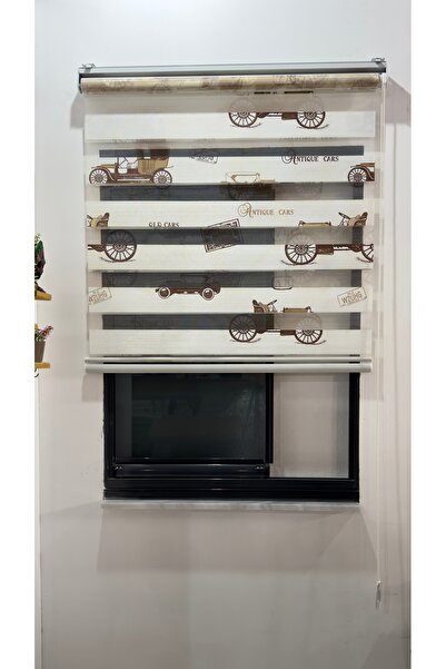 Kidmex Kahverengi Araba Desenli Zebra Stor Perde