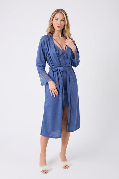 EXCLUSIVE Set cămașă de noapte dublă din satin indigo albastru de lux pentru femei