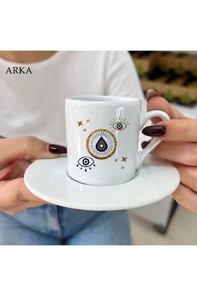 Hediyeciabla Special Design Special Moments Turkish Coffee Cups with Evil Eye Beads