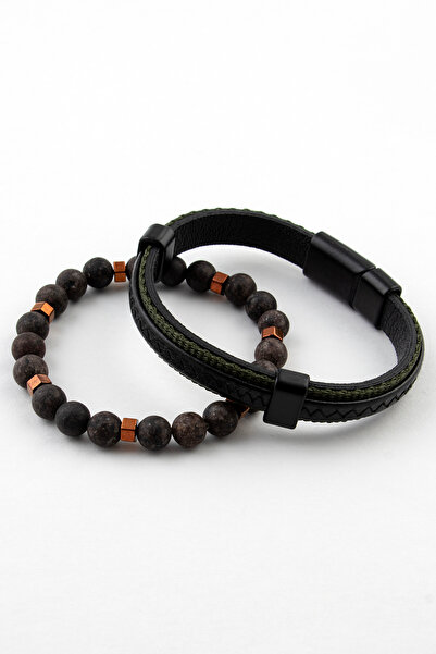 Sortie Aksesuar Hakiki Deri Ve Doğal Taş Hediyelik Erkek Kombin Bileklik Seti