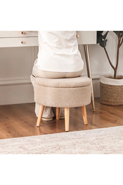 KOKİ DESİGN BERLİN Wellsoft Bej Çok Amaçlı Dekoratif Sandıklı Bench Puf Makyaj Masası Pufu Orta Sehpa