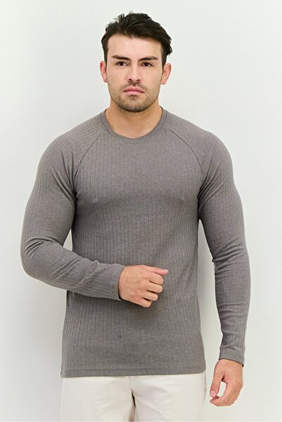 Brave Soul Men Crew Neck Long Sleeves Ribbed T-Shirt, Grey
