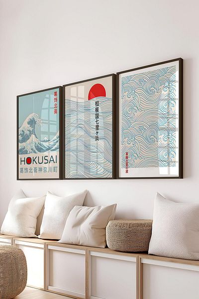 Postifull Set de pictură cu cadru negru, pictură de perete Hokusai albastru, set de 3 posteri, nr:300741