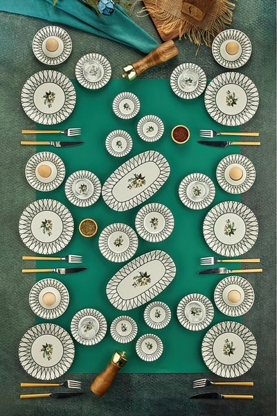 Cooker 34 Piece Porcelain Patterned Breakfast Set - Boat, Egg Holder, Plate, Jam Bowl, Snack Bowl