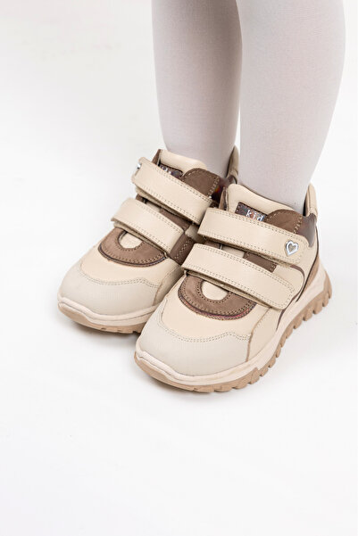 kids A more Beige Çift Cırtlı Hakiki Deri Kız Bebek Bot Bej Rengi
