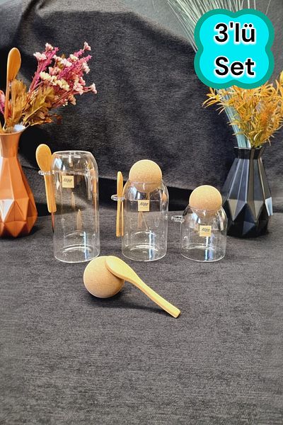 Kitchen Way Mushroom Lid Patterned Set of 3 Glass Jar Spice Jar Food and Storage Set Kw-386 Series