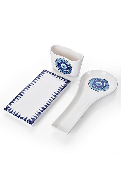 Piatti Naturali 3-Piece Kitchen Set Evil Eye Pattern Spoon Holder Spoon Coaster Sponge Holder Oil Pot Bottom