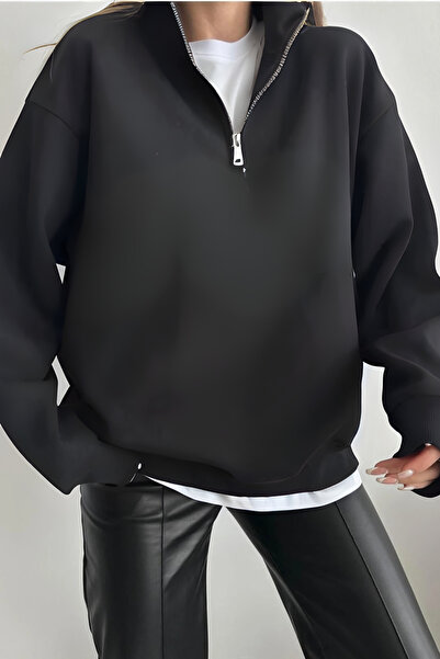 OKULCUBABA Hanorac oversize pentru femei, cu guler înalt, cu jumătate de ferm...