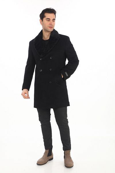 ŞAN GİYİM 8501 Men's Black Fur Collar Double Breasted Short Coat