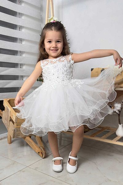 vestitino White Pearl Detailed Girl's Puffy Skirt Dress 16256