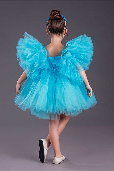 vestitino Turquoise Pearl Crown Tutu Skirt Puffy Sleeves Girl's Evening Dress 1662