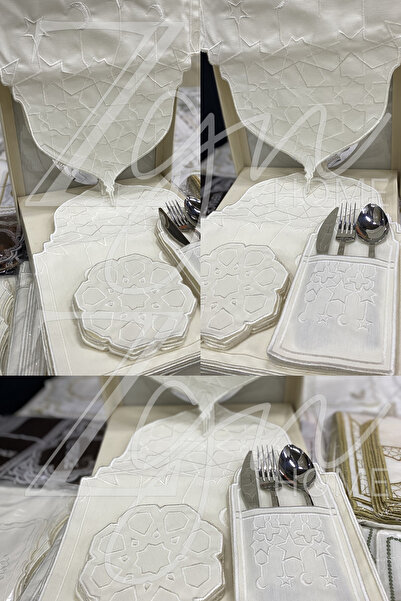 ZGNHome طقم تقديم أمريكي مكون من 19 قطعة مطرزة مقاومة للبقع ومقاومة للماء بتص...