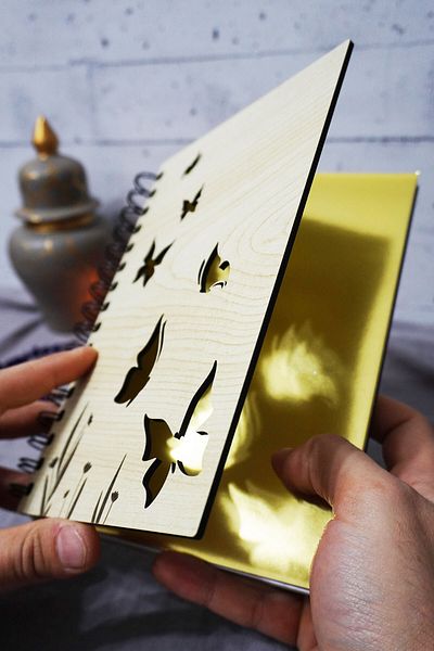 markcat Caiet din lemn cu model fluture cu copertă - Caiet fără linii - Jurnal - Agenda-cadou-a5 Caiet de memorie