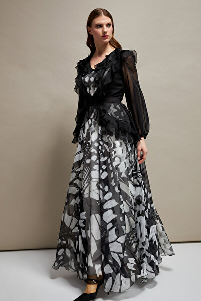 İnce Fırfır ve Taş detaylı Uzun Desenli  ipeksi şifon Abiye Elbise