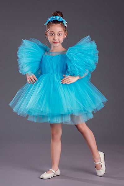 vestitino Turquoise Pearl Crown Tutu Skirt Puffy Sleeves Girl's Evening Dress 1662