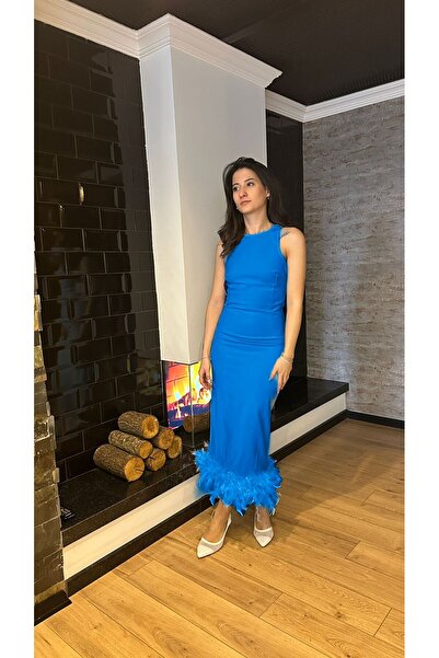 Shop Krutzo Saks Mavisi Tüylü Otriş Detaylı Midi Boy Abiye Nişan Söz Nikah Evden Çıkış Elbisesi