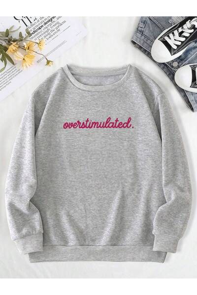 Mythologie Υπερενεργοποιημένος. Χειμερινό φούτερ - Γκρι εμπριμέ Oversize με λαιμόκοψη ποδηλατικού τύπου