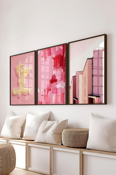 Postifull Black Framed Painting Set, Pink Wall Painting, 3 Poster Set, No:300748