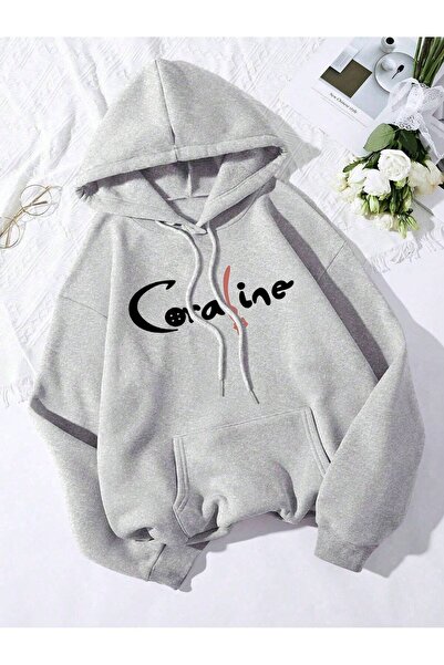 Mythologie Coraline Winter Sweatshirt - Gray Printed Oversize Hooded Sweatshirt