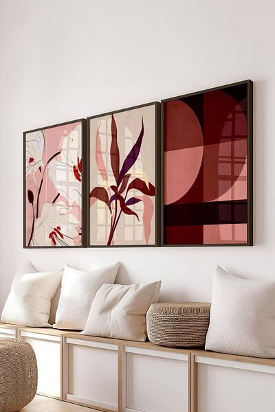 Postifull Set de pictură cu cadru negru, pictură de perete Boho bordeaux, set de 3 posteri, nr:300765