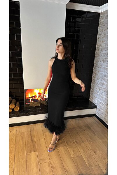 Shop Krutzo Siyah Tüylü Otrişli Abiye Elbise