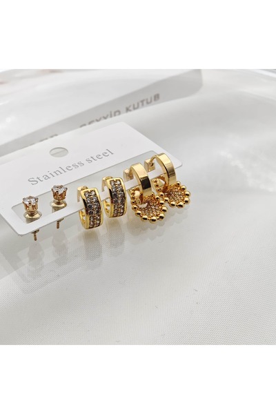 stainless steell Stainless Steel 3'lü Petek Taşlı küpe seti