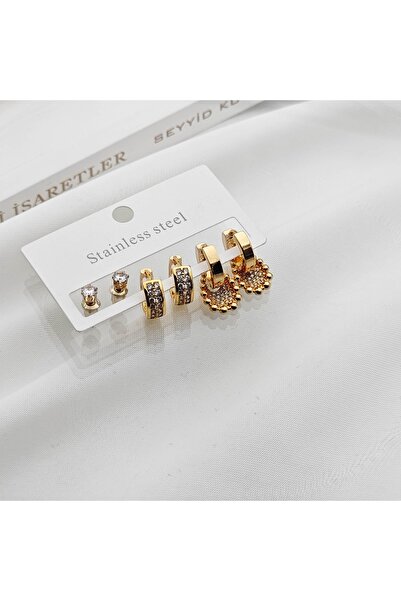 stainless steell Stainless Steel 3'lü Petek Taşlı küpe seti