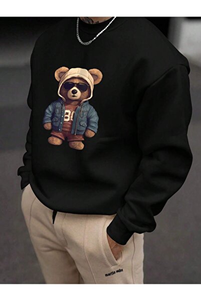 Mythologie 80 Bear Winter Sweatshirt - Black Printed Oversize Raised Crew Neck