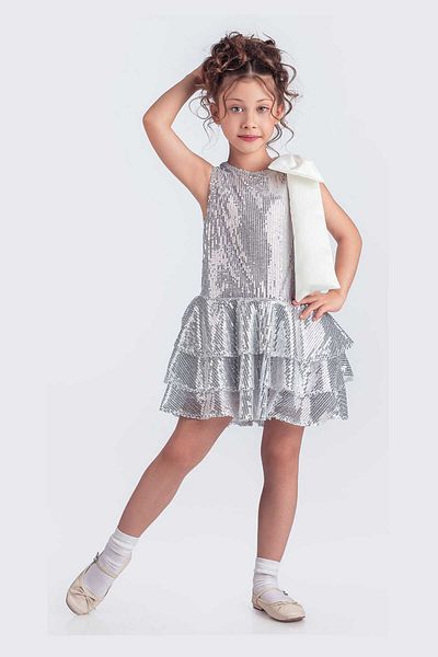 vestitino Gray Sequined 3 Layer Skirted Stylish Dress 1674