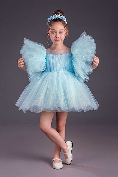 vestitino Baby Blue Pearl Crown Tutu Φούστα με φουσκωτά μανίκια για κορίτσια Παιδικό βραδινό φόρεμα 1662