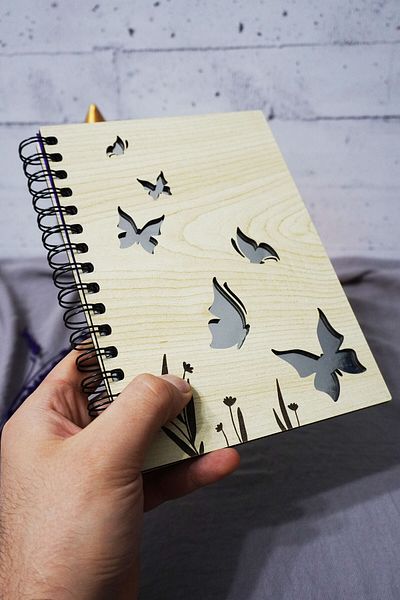 markcat Butterfly Patterned Wooden Cover Notebook - Unlined Notebook - Diary - Agenda-Gift-A5 Memory Book