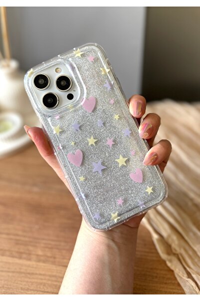 MİRAZ TASARIM IPHONE 14 PROMAX RENKLİ YILDIZ DESENLİ SİM FİLMLİ ŞEFFAF KILIF