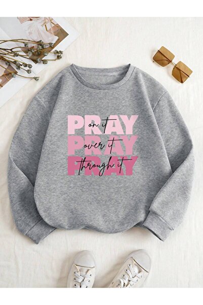 modaberry Pray Pray Pray Χειμερινό φούτερ - Γκρι εμπριμέ υπερμεγέθη ανυψωμένη...