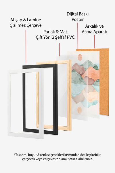 Postifull Black Framed Painting Set, Boho Wall Painting, 3 Piece Poster Set, No:300760